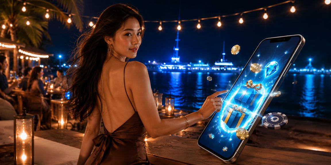 Người dùng tại Phú Quốc ngồi cà phê ven biển, truy cập vina24h trên điện thoại di động buổi tối