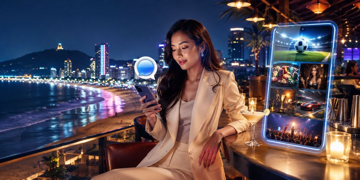Người dùng đăng nhập vina24h trên điện thoại tại bãi biển Vũng Tàu